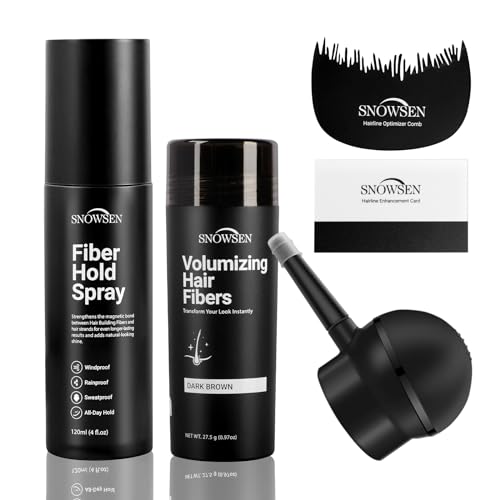 SNOWSEN Hair Fibres for Thinning Hair, Dark Brown, 27.5g, Hair Powder for Women & Men, 5-in-1 Hair & Beard Styling Set, Applicator Pump, Fibre Hold Spray, Application Card, Hairline Enhancement Comb
