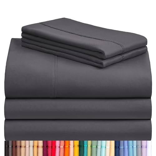 Image of LuxClub 5 PC Split King Sheet Set Sheets Deep Pockets 18 inch Eco Friendly Wrinkle Free Cooling Sheets Machine Washable Hotel Bedding Silky Soft - Dark Grey Split King