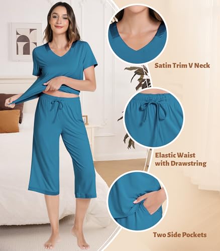 Image of NACHILA Bamboo Viscose Women's Pajamas Set Short Sleeve Pjs and Capri Pants | Soft like cloud,Breathable,Moisture wicking,Tagless