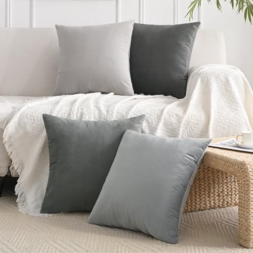 JELLYMONI Velvet Throw Pillow Covers 16x16 Set of 4, Grey