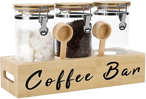 Liengoron 3PCS Glass Coffee Containers with Shelf 3x54oz Glass Coffee Bean Storage Container with Airtight Locking Clamp Lid Spoons Coffee Canister Set Jars for Kitchen Food Storage Coffee Tea Sugar