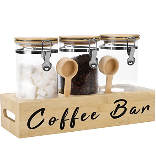 Liengoron 3PCS Glass Coffee Containers with Shelf 3x54FLoz Glass Coffee Bean Storage Container with Airtight Locking Clamp Lid Spoons Coffee Canister Set Jars for Kitchen Food Storage Coffee Tea Sugar