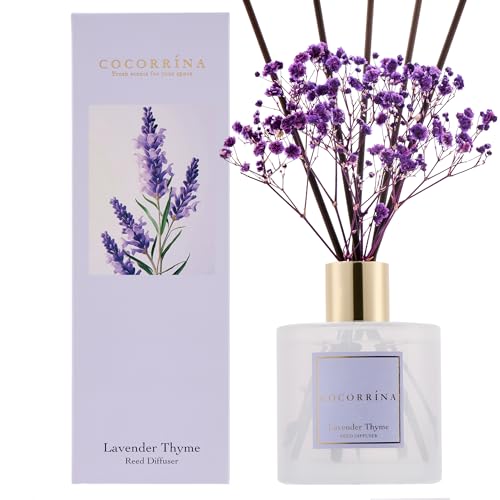 Cocorrína Diffuseur de parfum à roseaux 8 bâtonnets 200 ml Lavande et thym Chambre à coucher salle de bain salon décoration maison bureau