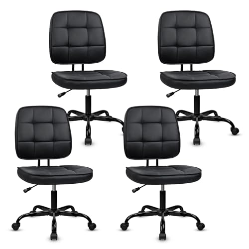 Image of CLATINA Armless Home Office Chair with Lumbar Support and Wheels, Small PU Leather Ergonomic Low Back Desk Chairs No Arms, Adjustable Height 360 Swivel Rolling Computer Task Chair, Black, 4 Pack