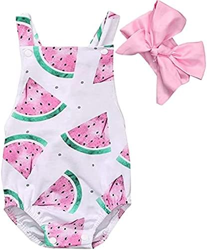 illikkuyax Baby Girl One Piece Outfits Newborn Bodysuit Sleeveless Romper Watermelon Print Backless Ruffle Clothes with Headband (7-12 months)