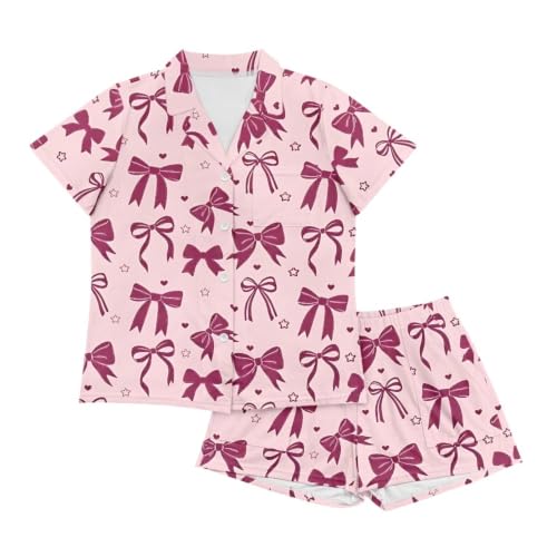 Image of Renewold Button Down Womens Pajama Set Short Sleeve Loungewear Bow Nightwear Sleepwear Night Suit Tops Shorts 2 Pieces