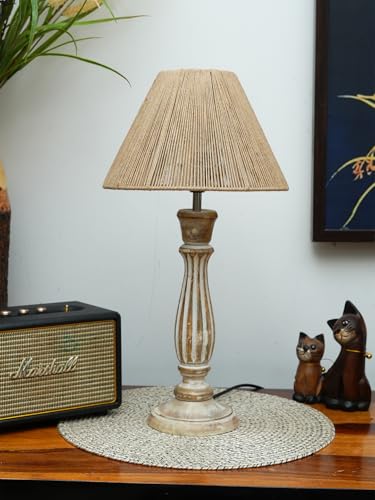 Image of Green Girgit Wooden Distress White Athens Lamp with Taper Brown Dori Shade