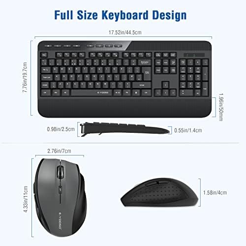 Wireless Keyboard and Mouse Combo, E-YOOSO Cordless Keyboard Mouse, QWERTY UK Layout, 2.4G Full-Sized Ergonomic Keyboard Mouse with Palm Rest, 3-Level 1600 DPI Mouse, Black Keyboard for Computer,Mac