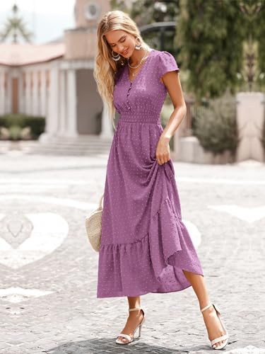 Image of PRETTYGARDEN Womens Dresses 2026 Summer Maxi Dress Boho Short Sleeve V Neck Swiss Dot Ruffle Tiered Smocked Flowy Long Dress