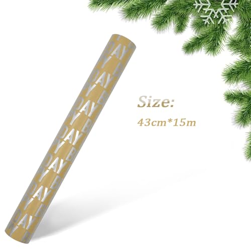 43cm x 15M Silver Birthday Gift Wrapping Paper，Recyclable kraft paper roll printed with Happy Birthday, perfect for wrapping birthday gifts for family and friends