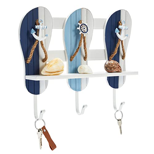 Nautical Hooks With Shelf, Decorative Beach Slippers, Wall Hanging Decor With 3 Hooks (13 X 3 X 11 Inches) #TOP6