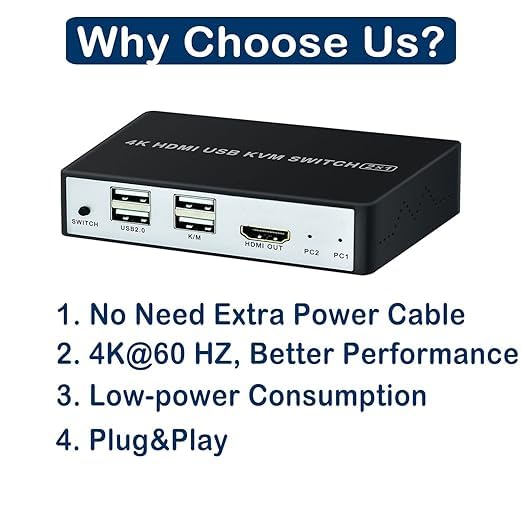 Conmutador KVM HDMI USB 2 puertos 4K, conmutador KVM SZJUNXIAO 2 entradas y 1 salida compatible con conmutador KVM UHD 4K@60Hz 2 PC 1 monitor con 2 cables USB, controlador de conmutación de escritorio