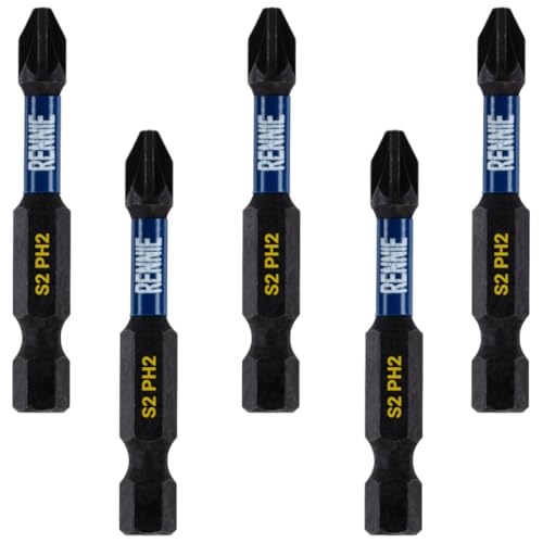 5 x Rennie Tools 50mm Long PH2 Impact Screwdriver Driver Bits Set. Magnetic Phillips No.2 Heavy Duty Impact Driver Bit Set