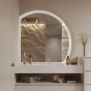 Niccy 32″ Half Moon LED Mirror for Bathroom, Backlit/Front Lighted, Irregular 1/4 Round Lighted Mirrors with Bedroom Wall-Mirror, Frameless-Mirror for Entryway, Anti-Fog, Dimmable, Makeup-Mirror