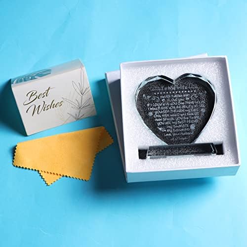 Glass Heart Gifts for Wife, Birthday Keepsake with I Love You Gifts for Her from Husband on Anniversary Valentines Mother's Day Christmas