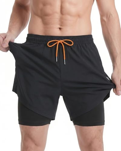MaaMgic 2 in 1 Badehose für Herren mit Kompression Innenhose | 7\ Schnelltrocknend Badeshorts Männer 4 Way Stretch Boardshorts mit Reißverschlusstasche Verstellbar Tunnelzug,7 Pur Schwarz,L