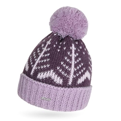 Neverless® Damen Strick-Mütze Herbst Winter Bommelmütze Strickbommel Glattstrick Mehrfarbig dunkellila-lila Unisize