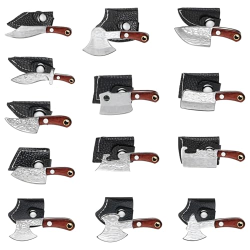 Machify 13 Pieces Mini Cutters Set, Tiny Chef Cutter with Damascus Pattern, Stainless Steel Blade and Wooden Handle, Pocket Cutter Collection with PU Leather Sheath for Box Opening, EDC Tools