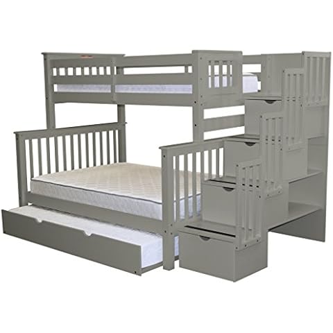 Bedz King Stairway Bunk Beds Twin over Full with 4 Drawers in the Steps and a Full Trundle, Gray Cover