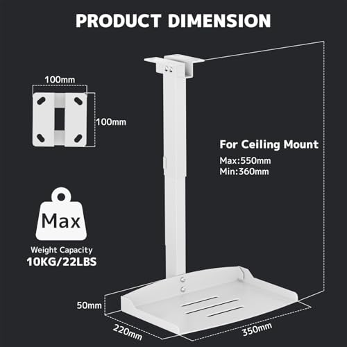 PUTORSEN Beamer Projektor Halterung - Höhenverstellbar Beamer Deckenhalterung oder Wandhalterung Installation ohne Bohrung,Verdeckte Kabelführung,Hält bis zu 10 kg,Weiß