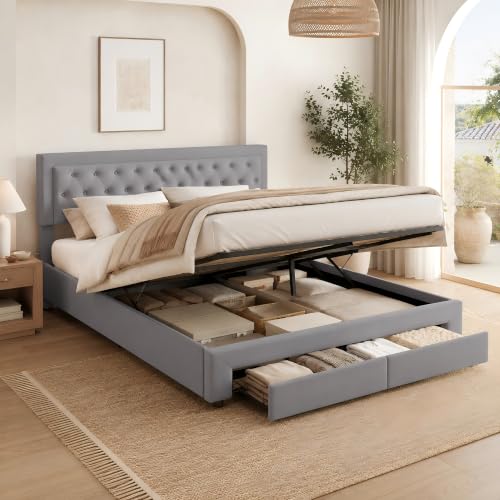 Cama de Matrimonio Gris 180x200 cm con Canapé Abatible y Cajones, Estructura de Cama Tapizada en Terciopelo Gris Antracita, Somier de Láminas de Madera, Almacenaje de Gran Capacidad, Sin colchón