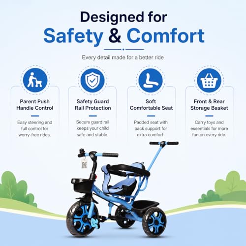 Image of MEA Kids Tricycle with Parent Push Handle for Toddlers|Baby Trike with Safety Guard Rail, Comfortable Cushioned Seat, Storage Basket & Footrest|Ride-On Cycle for Boys & Girls (Blue) (Without Canopy)
