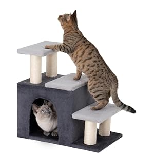 3-in-1 Pet Stairs for Cats, Dog Steps for Small Doggie, 6.29”Depth Cat Stairs, Indoor Cat Ladders for High Bed for Pet’s Joints,Soft Plush, 1 Cat Condo Cave, Sisal Scratching Posts, Grey, Medium