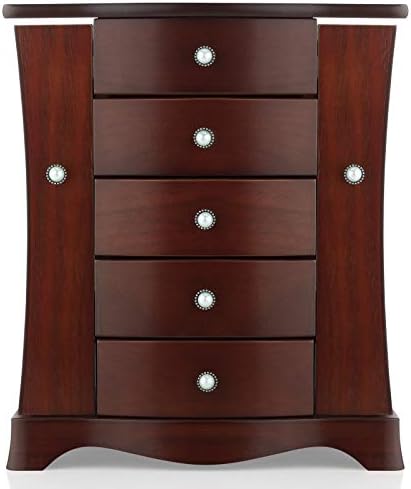 RR ROUND RICH DESIGN Jewelry Box - Made of Solid Wood with Tower Style 4 Drawers Organizer and 2 Separated Open Doors on 2 Sides and Large Mirror Brown