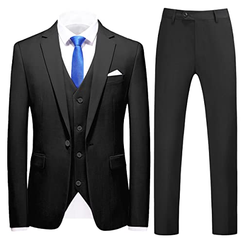 Mens Suits Slim Fit 3 Pieces Suits For Men One Button Solid Tuxedo Blazer Jacket Vest & Pants Set Prom Business Wedding Black #TOP23