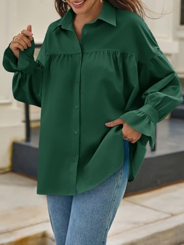 Cicy Bell Womens Oversized Button Down Shirts Long Ruffle Sleeve Pleated Babydoll Blouses Trendy Casual Tops Dark Green — view 4
