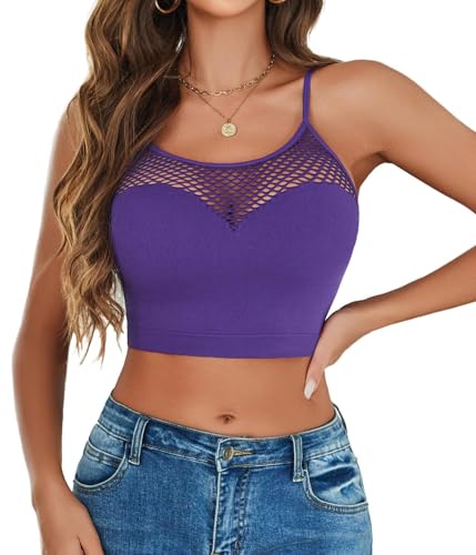 Avidlove Women's Fishnet Top Sexy Tops High Neck Cami Top Mesh Trendy Slutty Cropped Tops (Bright Purple, L)