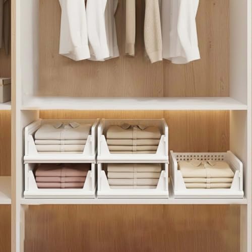 Image of Go Hooked Foldable Wardrobe Organizer with Drawer Style Pull Out Design | Pack of 5 Large (44x34x19 cm) Shelf Storage Box | Heavy Duty Plastic Shirt Stacker for Cupboard, Almirah & Closet | White