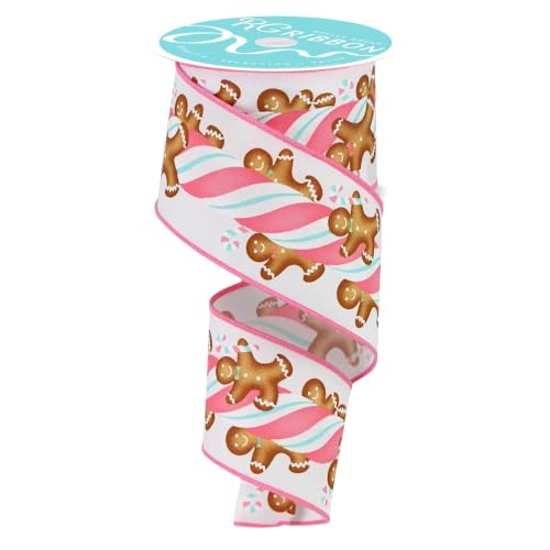 RG Ribbon 2.5 Gingerbread Wired Christmas Ribbon for Bows White Pink