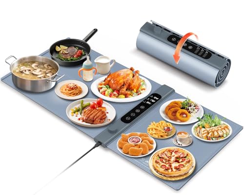 Bandeja de Calentamiento de Silicona 101×43 Cm, Bandeja Calienta Platos de 3 Zonas Independientes con 17 Temperatura de 1–6 Horas, Eléctrica Bandeja Calentadora de Comida Para Buffets y Fiestas