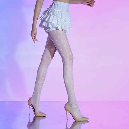 Verdancy Women’s 15D Sheer Pantyhose Polka Dots Hearts Patterned High Waist Ultra Stretchable Footed Tights Plus Size Stockings (One Size, White) — view 4