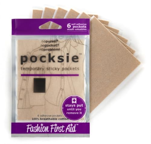 Image of Fashion First Aid Pocksie Temporary Sticky Pockets (Beige - 6 Pack) - Hands-Free Hidden Storage for Leggings, Jackets & Pocketless Clothing - Cotton Adhesive Pockets for Cards & Money (4.1 inch x 3.3 inch)