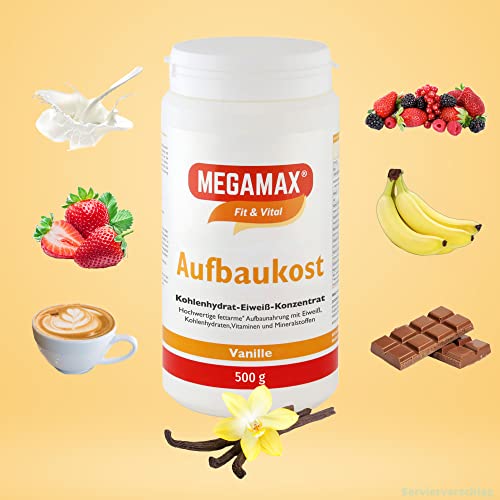 MEGAMAX Aufbaukost Vanille. Ideal zur Kräftigung und bei Untergewicht. Pulver zur Zubereitung eines fettarmen Kohlenhydrat-Eiweiß-Getränkes. Produktion in Deutschland. 500g