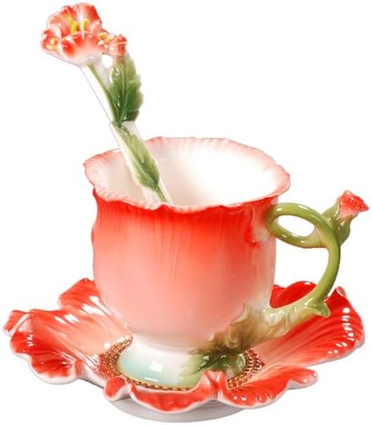 Porcelain Ceramic Tea Coffee Cup Set Elegant Red Iceland Poppy 1 Cup 1 Saucer 1 Spoon