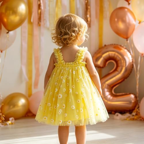 AGQT Baby Girls Daisy Tutu Dress Sleeveless Kids Tulle Birthday Party Dresses Casual Playwear Tunic Babydoll Dress Yellow Daisy-Lace Size 12-18 Months — view 4