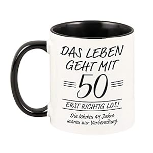 schwarze TASSE mit Spruch -Das Leben geht mit 50 erst richtig los- Geschenkidee zum runden Geburtstag für sie & für ihn…