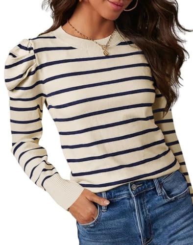 UNCLECAT Women's Striped Sweater Trendy Lightweight Sweaters Puff Long Sleeve Tops Casual Knit Pullover Shirts