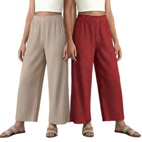 Image of Set of Combo Trouser and Pants for Girls and Women's Relaxed Fit Stretchable Regular Fit Palazzos Lightweight Elastic Waistband Bottoms for Daliy Office & Casual Wear