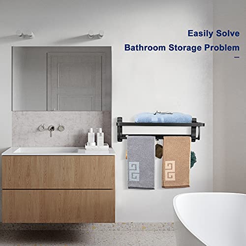 Nearmoon Bathroom Towel Rack, Foldable Double Towel Holder With Towel Bar And 5 Hooks For Bathroom/Kitchen, Thicken Space Aluminum Towel Shelf Wall Mount No Drill (23 Inch, Matte Black) #TOP4