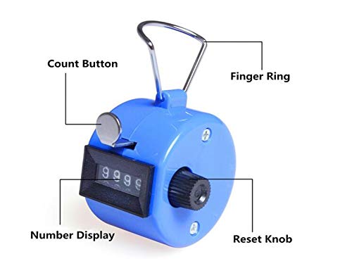 Formvan 4 Digit Hand Tally Counter, Mechanical Lap Tracker Manual Clicker With Metal Finger Ring Hoop Holder, Blue #TOP2