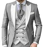TUXBURNTXZ Silver Wedding Tuxedo for Men 3 Piece Prom Suit Formal Business L