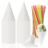 Xloey 6 oz Snow Cone Cups and Straws,100pcs White Paper Cone Cups, with 100pcs Neon Spoon Straws,Leakproof Snow Cone Cups for Ice Cream,Shaved Ice,Water