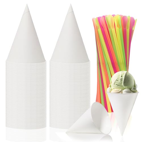 Xloey 6 oz Snow Cone Cups and Straws,100pcs White Paper Cone Cups, with 100pcs Neon Spoon Straws,Leakproof Snow Cone Cups for Ice Cream,Shaved Ice,Water