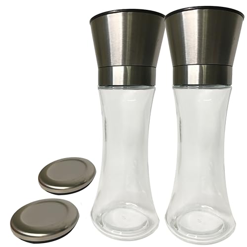 Dual Elegant GRINDER 7 inch tall, Stainless Steel and Glass grinder, with Adjustable Ceramic Grinder, Spice Mill, Pepper Grinder or Salt Grinder, shaker for seasoning, refillable grinder