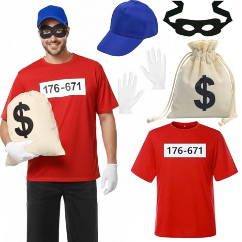 TOSZOLY Bande Verkleidung T Shirt Herren Damen Panzerknacker Kostüm Karneval Fasching Outfit T-Shirt Herren Banditen Kostüme für Damen Karneval Cosplay (XL)