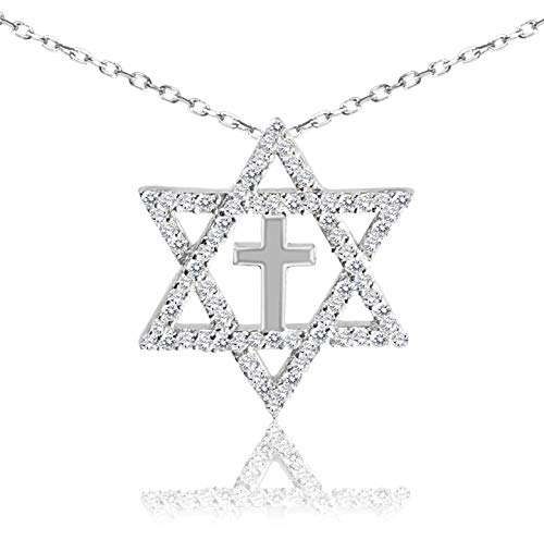 Alef Bet by Paula Sterling Silver 925 Star of David and Cross Interfaith Necklace Sparkling Cubic Zirconia Judeo Christian Unity Pendant Messianic Jewish Women Meaningful Gift